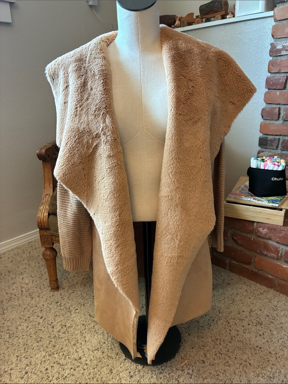 Cozy Faux-Shearling Open Front Cardigan Vest - Camel
